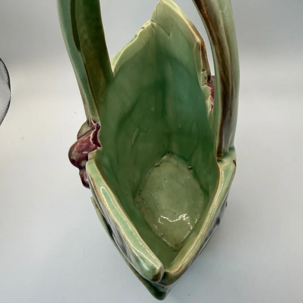 Vintage McCoy Pottery Leaf and Berry Basket Planter Green Brown Glossy USA